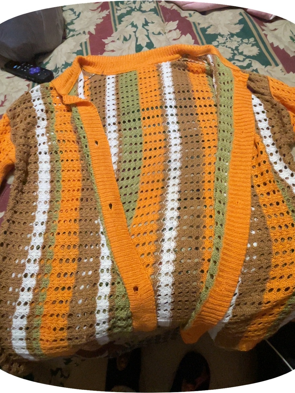 Striped Crochet Openwork Sweater Cardigan - Orange, Brown & White